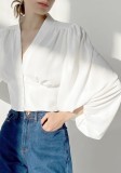 Women's Fall V Neck Puff Sleeve Lantern Sleeve Ruched Slim Fit Blouse