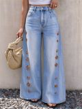 Women's High Waist Loose Wide Leg Denim Pants with Side Metallic Buckles and Hollow Out Details