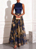 Women's Luxury Sleeveless Stand Collar Floral Print Pleated Evening Gown with Metallic Buckle