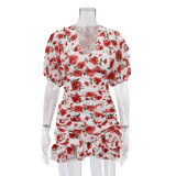 Women's Fashion V Neck Short Sleeve Ruched High Waist Bodycon Dress