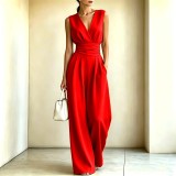 Women's Spring Summer Elegant V Neck Slim Waist Wide Leg Jumpsuit