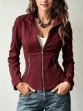 Women's Stand Collar Zipper and Slim Waist Suede Cropped Jacket