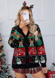 Women's Christmas Jacquard V Neck Single Breasted Loose Long Sleeve Cardigan Sweater