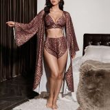Women's Leopard Print Three Piece Pajama Set with Robe