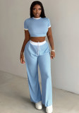 Women's Fall Short Sleeve Round Neck Slim Waist Top and Straight Leg Pants Casual Set