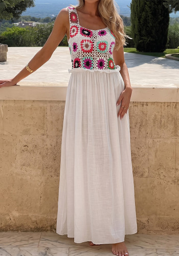 Women's Crochet Floral Patchwork Beach Cover Up Ruffle Edge Maxi Dress
