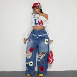 Women's High Street Double Waistband and Letter Patch Ripped Denim Wide Leg Pants