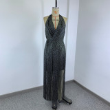 Women's Halter Neck Deep V Neck Metallic Fringe Slim Fit Bandage Evening Gown for Parties