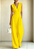 Women's Spring Summer Elegant V Neck Slim Waist Wide Leg Jumpsuit