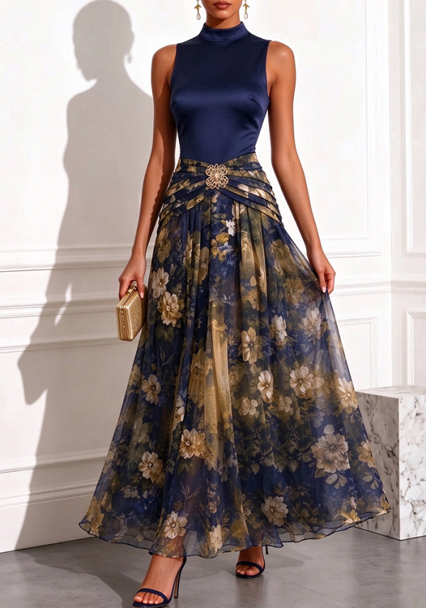 Women's Luxury Sleeveless Stand Collar Floral Print Pleated Evening Gown with Metallic Buckle