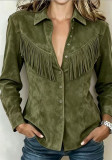 Women's Western Style Faux Suede Turndown Collar Fringe Long Sleeve Denim Style Shirt Jacket