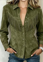 Women's Western Style Faux Suede Turndown Collar Fringe Long Sleeve Denim Style Shirt Jacket Women's Western Style Faux Suede Turndown Collar Fringe Long Sleeve Denim Style Shirt Jacket