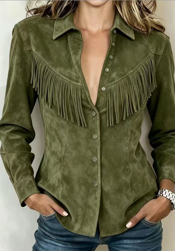 Women's Western Style Faux Suede Turndown Collar Fringe Long Sleeve Denim Style Shirt Jacket
