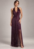 Women's Halter Neck Deep V Neck Metallic Fringe Slim Fit Bandage Evening Gown for Parties