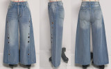 Women's High Waist Loose Wide Leg Denim Pants with Side Metallic Buckles and Hollow Out Details