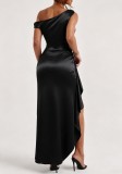 Women's Elegant Slash Shoulder Ruched Ruffle Side Slit Formal Evening Maxi Dress