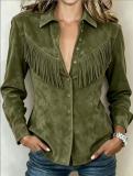 Women's Western Style Faux Suede Turndown Collar Fringe Long Sleeve Denim Style Shirt Jacket