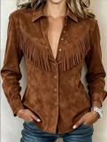 Women's Western Style Faux Suede Turndown Collar Fringe Long Sleeve Denim Style Shirt Jacket