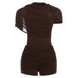 Women's Fall Sexy Round Neck Short Sleeve Mesh Ruched Top and Shorts Set