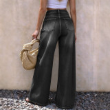 Women's High Waist Loose Wide Leg Denim Pants with Side Metallic Buckles and Hollow Out Details