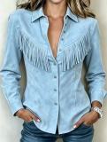 Women's Western Style Faux Suede Turndown Collar Fringe Long Sleeve Denim Style Shirt Jacket