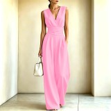 Women's Spring Summer Elegant V Neck Slim Waist Wide Leg Jumpsuit