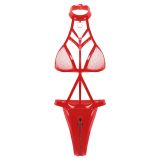 Women's Sexy Patent Leather Mesh Strap Bodysuit Lingerie Set