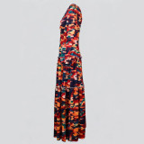 Women's Fall Winter Long Sleeve Printed Strapless Slim Waist Layered Maxi Dress