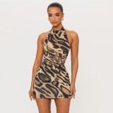 Women's Fall Sexy Low Back Halter Neck Sleeveless Leopard Print Bodycon Dress