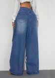 Women's High Street Double Waistband and Letter Patch Ripped Denim Wide Leg Pants