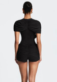 Women's Fall Sexy Round Neck Short Sleeve Mesh Ruched Top and Shorts Set