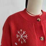 Women's Christmas Round Neck Knitted Cardigan Sweater with Santa Claus Tree and Snowflake Jacquard