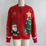 Women's Christmas Round Neck Knitted Cardigan Sweater with Santa Claus Tree and Snowflake Jacquard