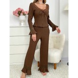 Women's Fall Winter V Neck Lace Patchwork Bell Sleeve Long Sleeve Top and Pants Pajama Set