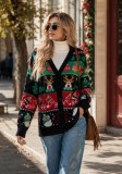 Women's Christmas Jacquard V Neck Single Breasted Loose Long Sleeve Cardigan Sweater