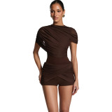 Women's Fall Sexy Round Neck Short Sleeve Mesh Ruched Top and Shorts Set