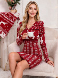 Women's Christmas Reindeer Snowflake Jacquard V Neck Long Sleeve Slim Fit Knitted Mini Dress