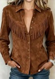 Women's Western Style Faux Suede Turndown Collar Fringe Long Sleeve Denim Style Shirt Jacket