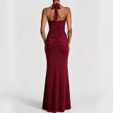 Women's Halter Neck Lace Up Slim Fit Pleated High Stretch Formal Evening Maxi Dress