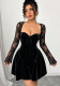 Women's Square Neck Velvet Long Sleeve Lace Patchwork Lace Up Back Slim Waist A Line Mini Dress