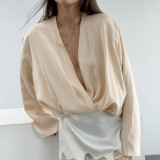 Women's Satin  Long Sleeve V Neck Blouse with Elastic Hem