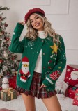 Women's Christmas Round Neck Knitted Cardigan Sweater with Santa Claus Tree and Snowflake Jacquard