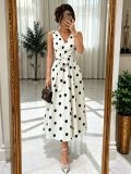 Women's Black and White Polka Dot V Neck Sleeveless Slim Waist Maxi Dress