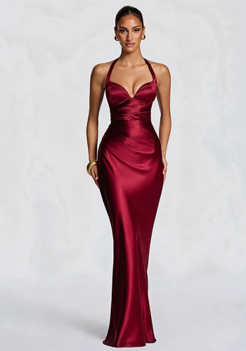 Women's Fall Chic Sleeveless Deep V Neck Low Back Halter Tie Bodycon Long Dress