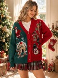 Women's Asymmetric Red and Green Christmas Jacquard V Neck Long Sleeve Sweater with Snowman and Gingerbread House Patterns