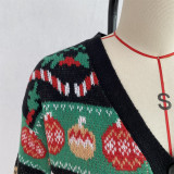 Women's Christmas Jacquard V Neck Single Breasted Loose Long Sleeve Cardigan Sweater