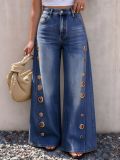 Women's High Waist Loose Wide Leg Denim Pants with Side Metallic Buckles and Hollow Out Details