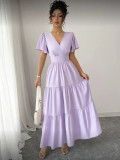 Women's Elegant Casual V Neck Slim Fit Light Purple Holiday Beach Maxi Dress
