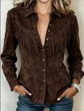 Women's Western Style Faux Suede Turndown Collar Fringe Long Sleeve Denim Style Shirt Jacket