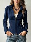 Women's Stand Collar Zipper and Slim Waist Suede Cropped Jacket
